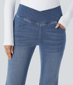 Halara Flex™ Jean Évasé à Taille Haute avec Poche Crossover Tissu Élastique Lavé