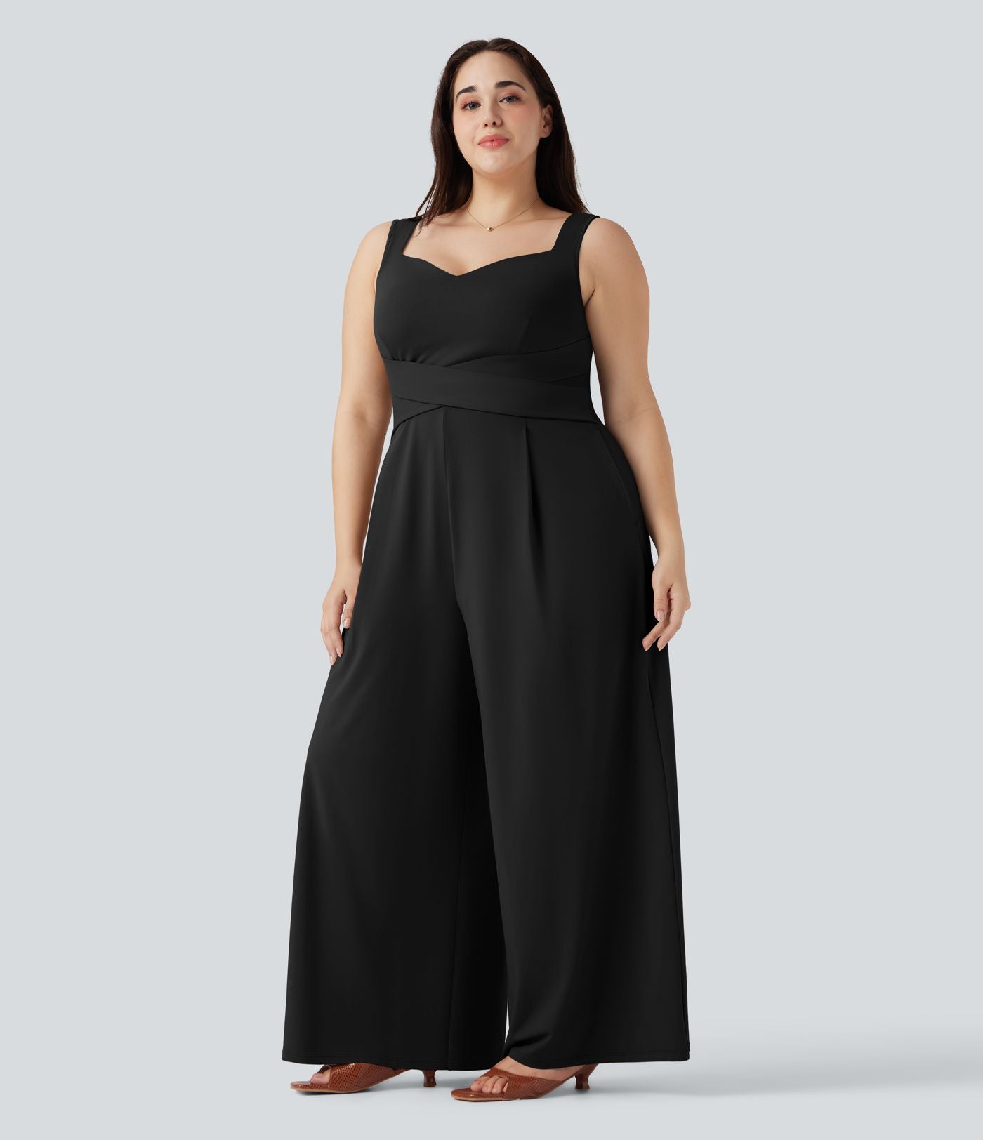 Combinaison décontractée grande taille dos en U sans manches avec poches