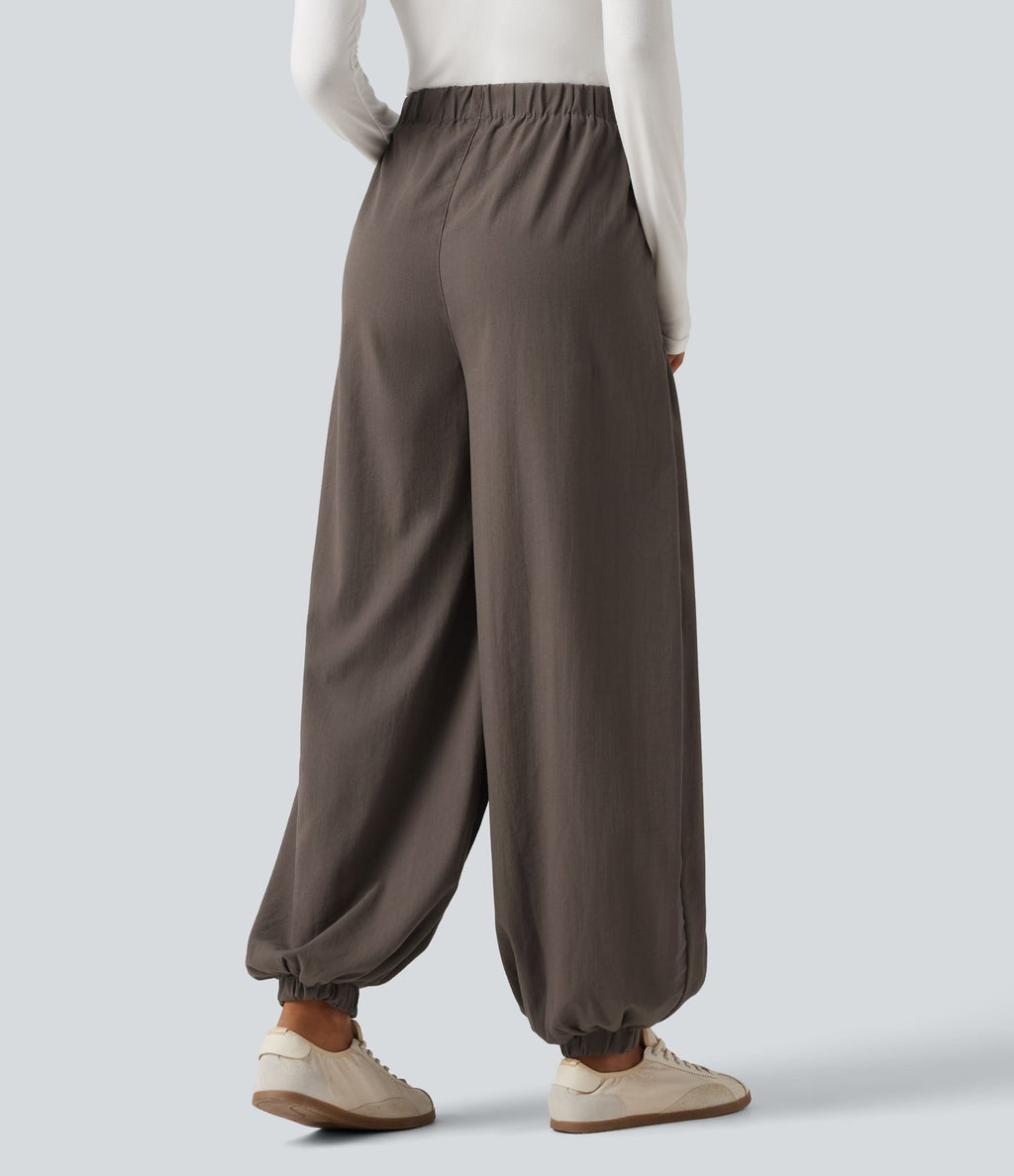Jogging baggy taille haute effet lin froncé avec poches