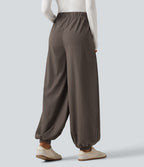 Jogging baggy taille haute effet lin froncé avec poches