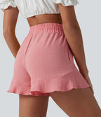Short ample vacances taille haute cordon de serrage ourlet à volants aspect lin avec poches