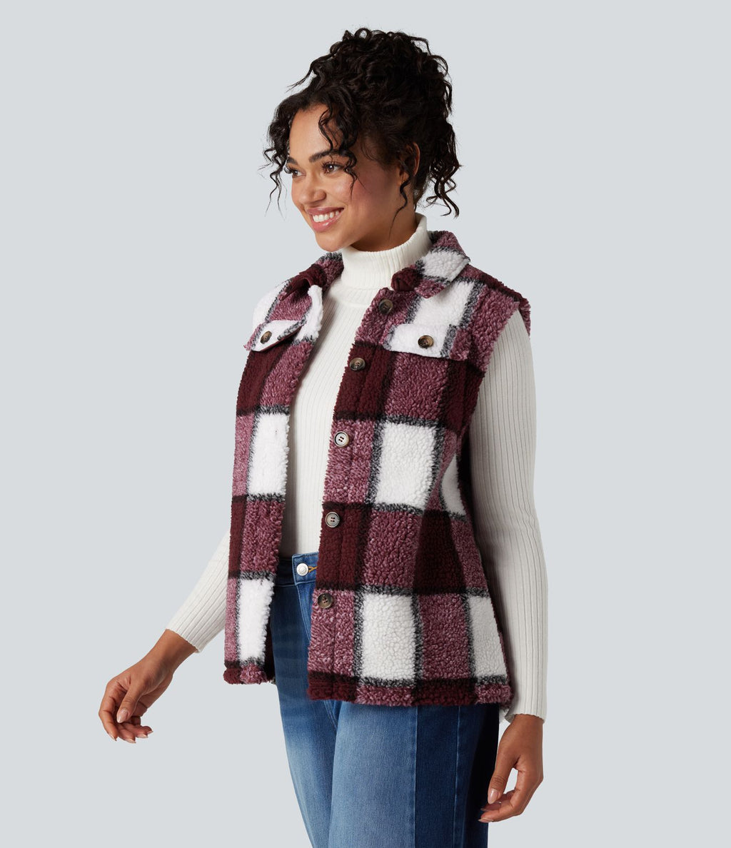 Gilet sherpa à carreaux ourlet arrondi