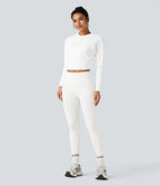 Top de sport yoga court froncé col rond manches longues