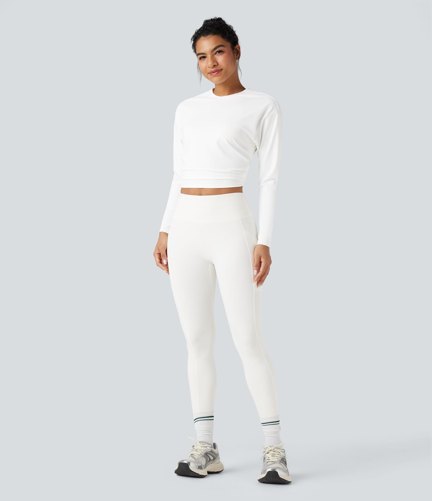 Top de sport yoga court froncé col rond manches longues