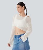 Pull décontracté transparent crop top encolure arrondie avec manches volantées