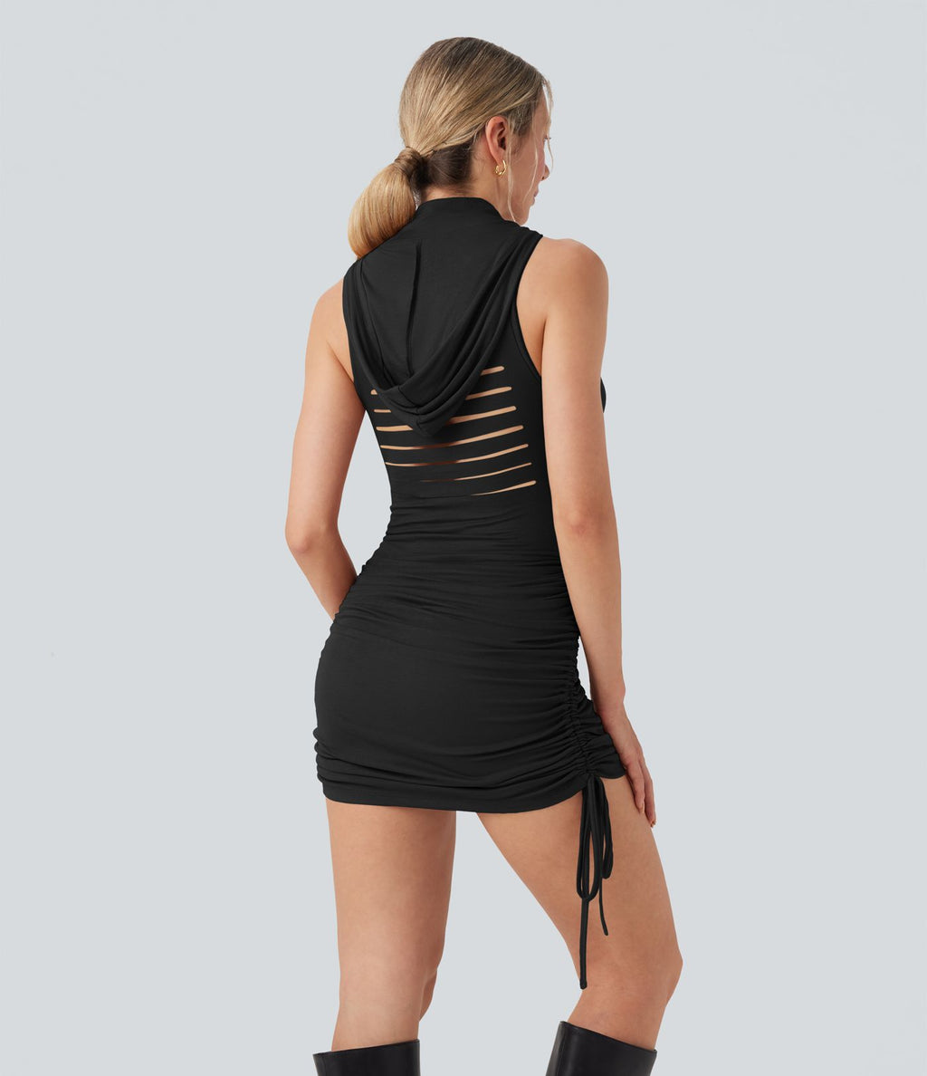 Robe courte moulante à capuche sans manches avec découpes et cordon de serrage - longueur ajustable