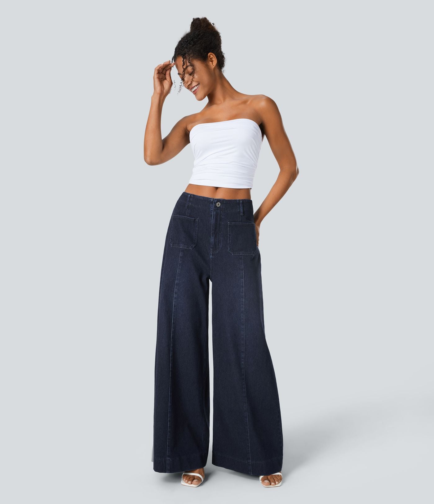 Halara Flex™ Jean large Palazzo et Taille Haute avec Poches Avant en Tricot Extensible Lavé