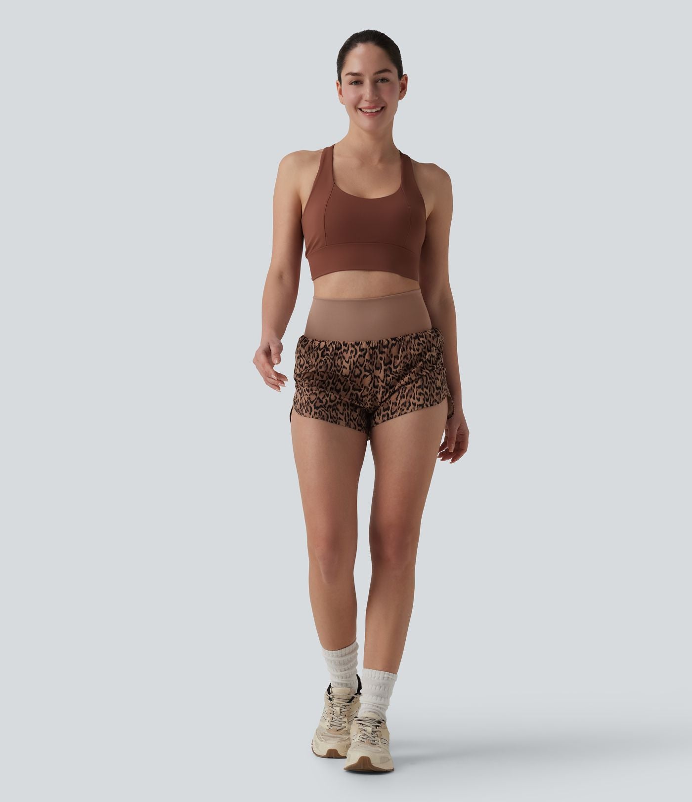 Short de running 2-en-1 taille haute imprimé léopard 7,5 cm avec poche