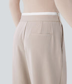 Pantalon décontracté jambe large bicolore double épaisseur, taille basse avec poches latérales
