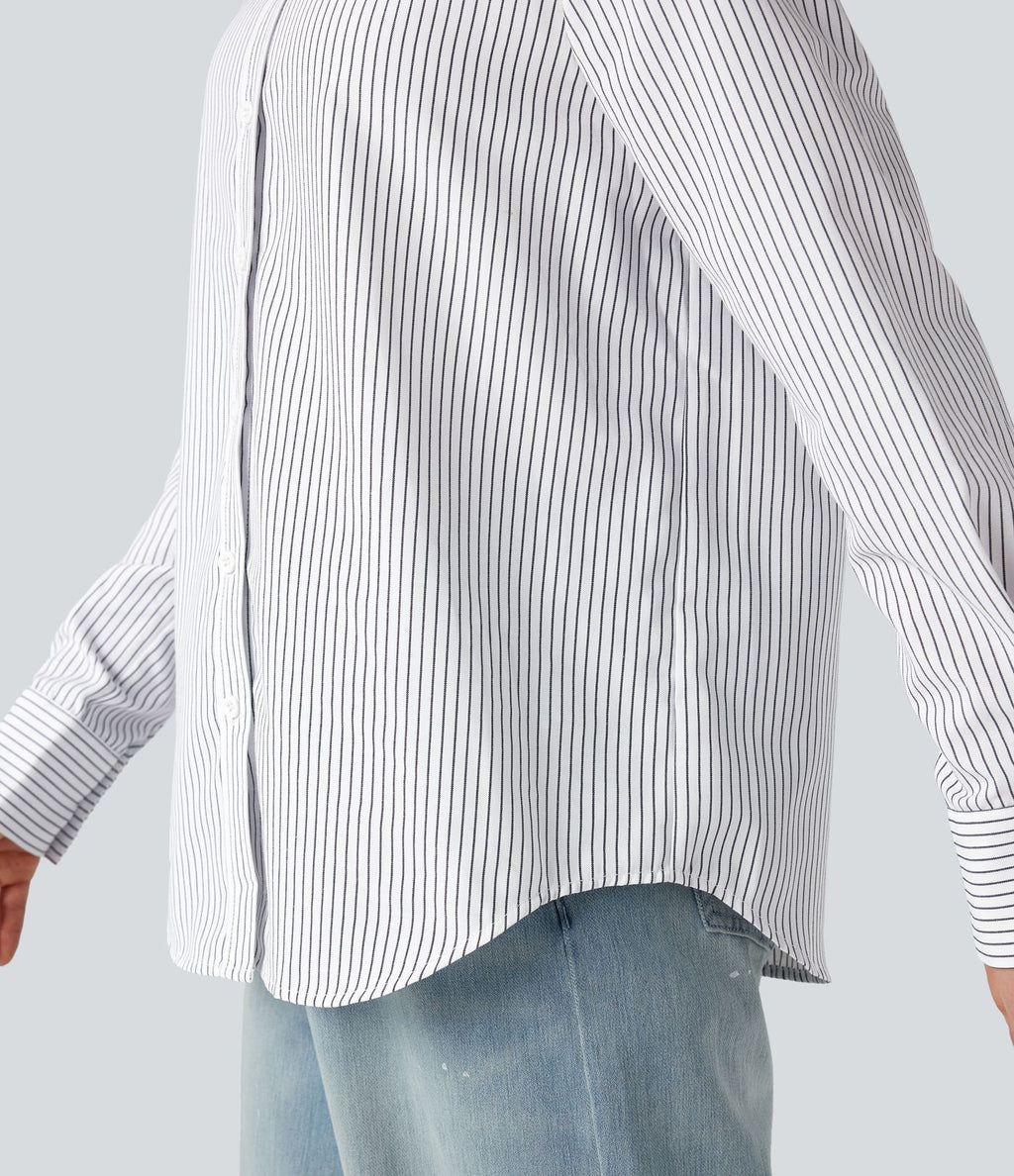 Chemise rayée col chemise ourlet arrondi manches longues coupe décontractée