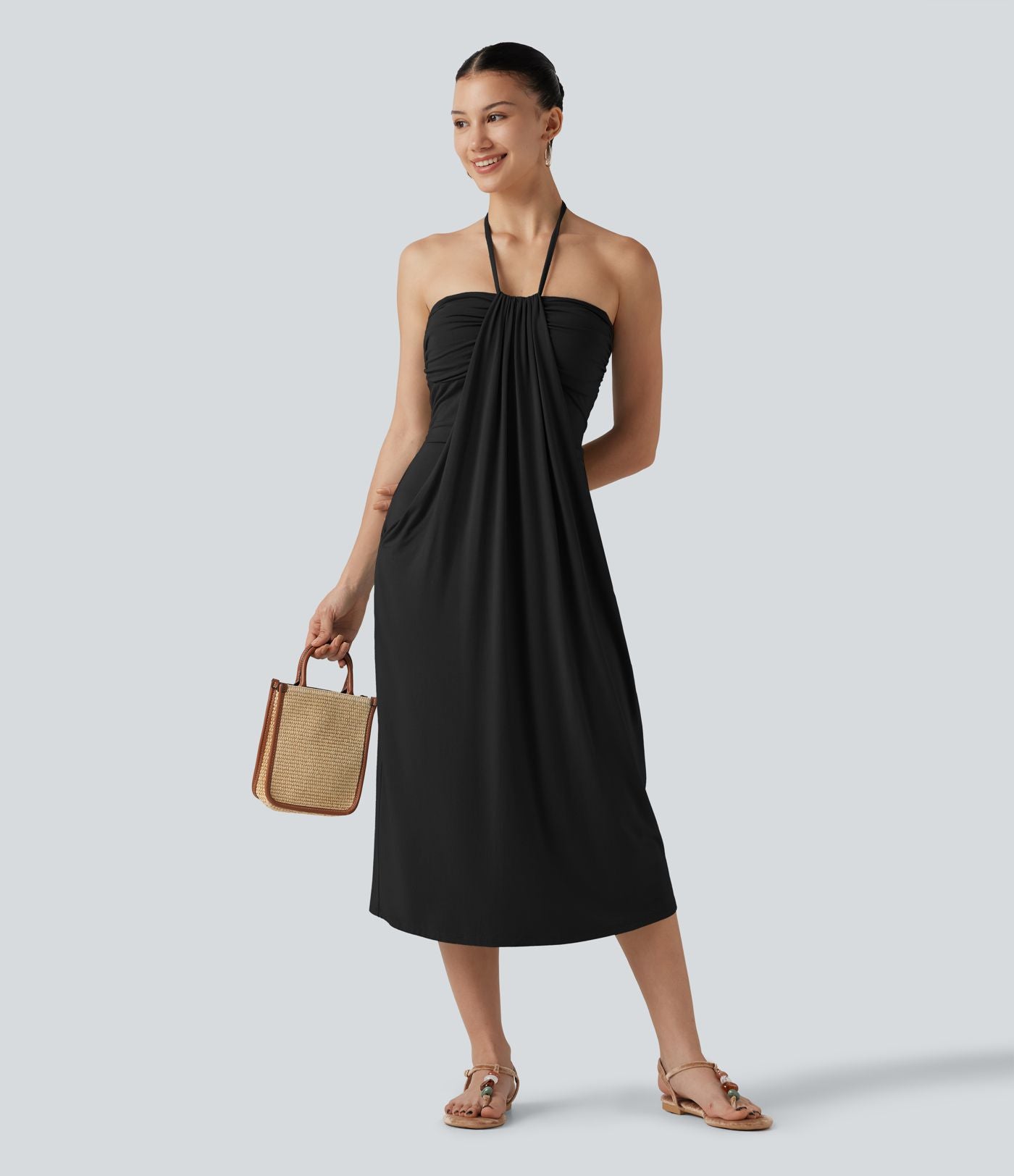 Robe midi de plage à col halter avec brassière intégrée, lien noué au dos et poches