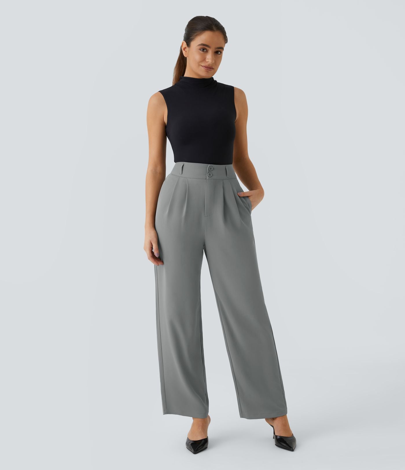 Pantalon de travail Halara Flex™ droit froncé avec poche zippée, taille haute