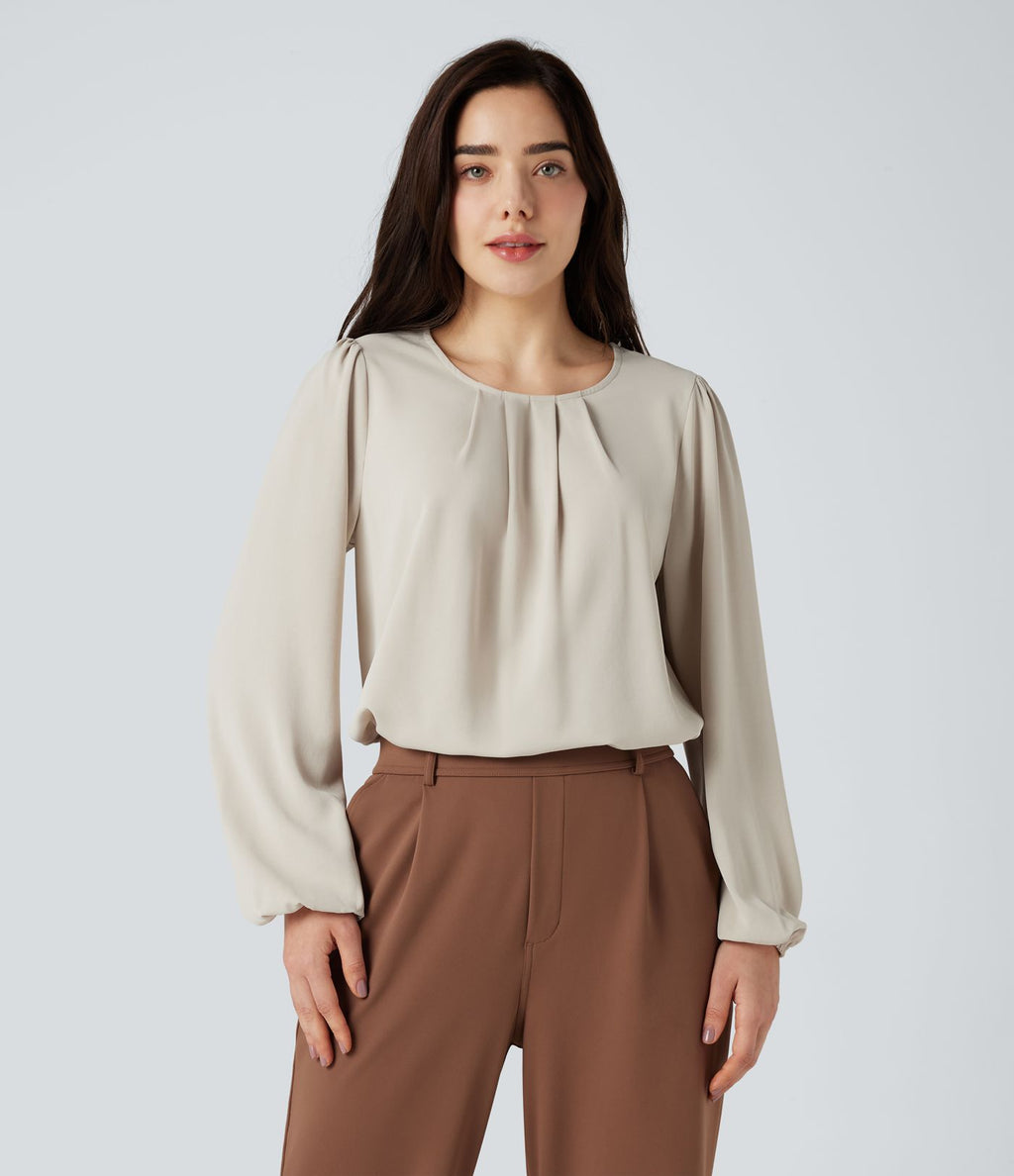 Blouse tailleur décontractée col rond dos keyhole manches bouffantes ourlet arrondi