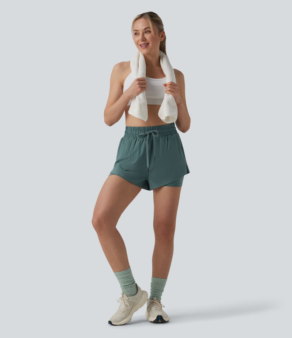 Short running 2-en-1 taille haute avec cordon de serrage et poches