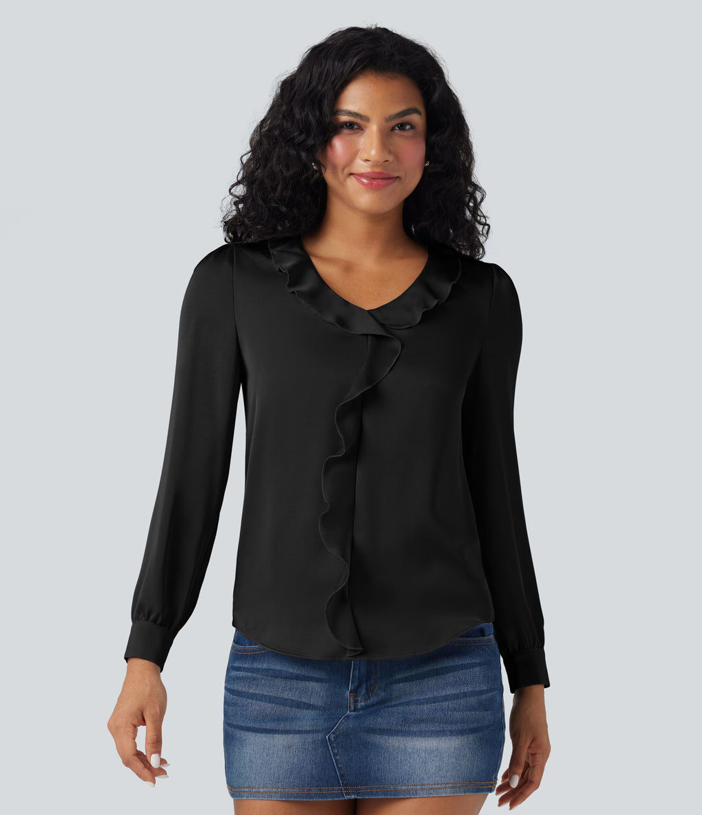 Chemise décontractée en satin col V manches longues à finitions volants