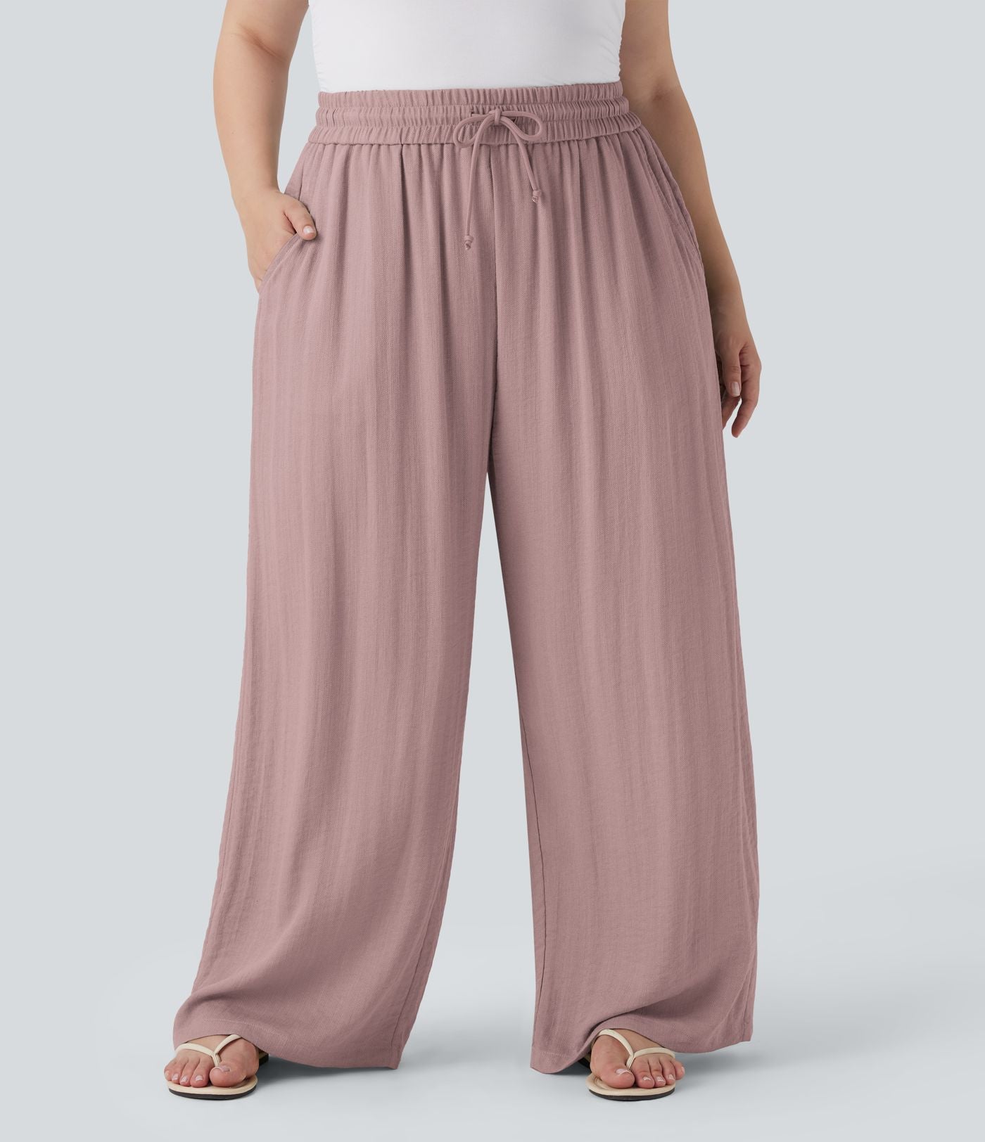 Pantalon décontracté grande taille large fluide taille haute effet lin avec cordon de serrage et poches
