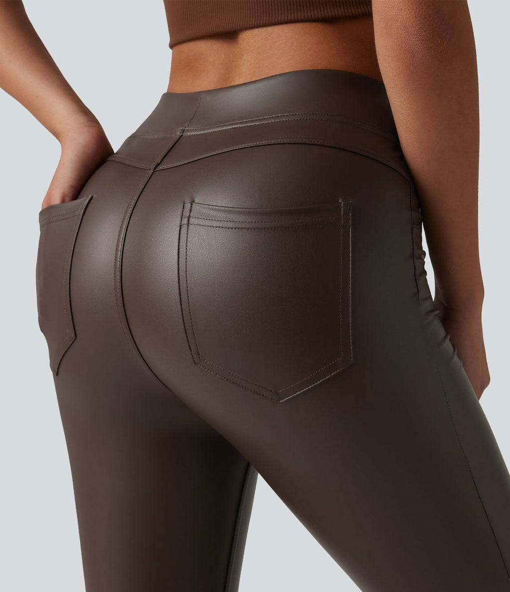 Pantalon skinny casual taille haute en simili cuir extensible avec poches