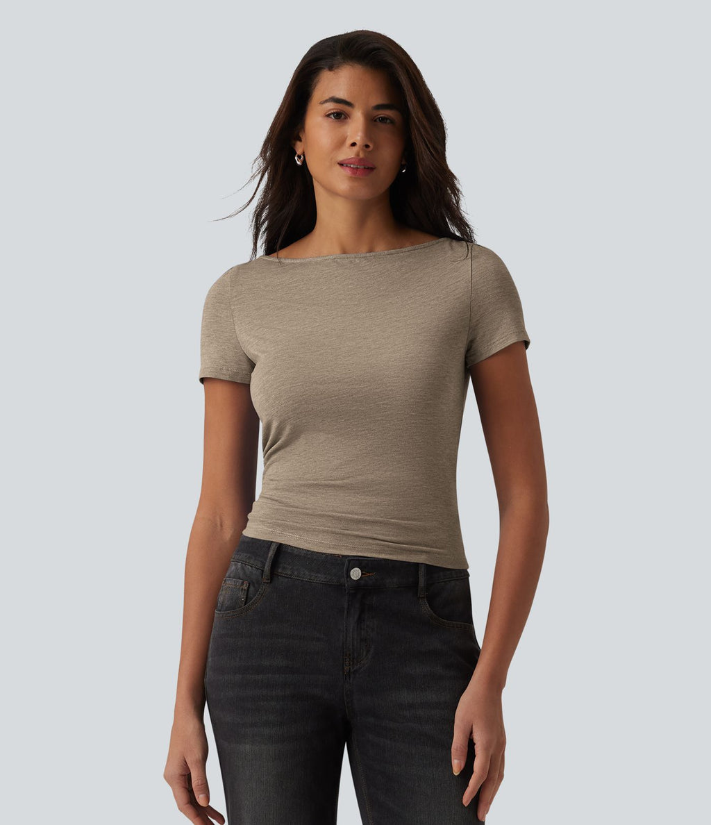 T-shirt décontracté col bateau manches courtes froncé