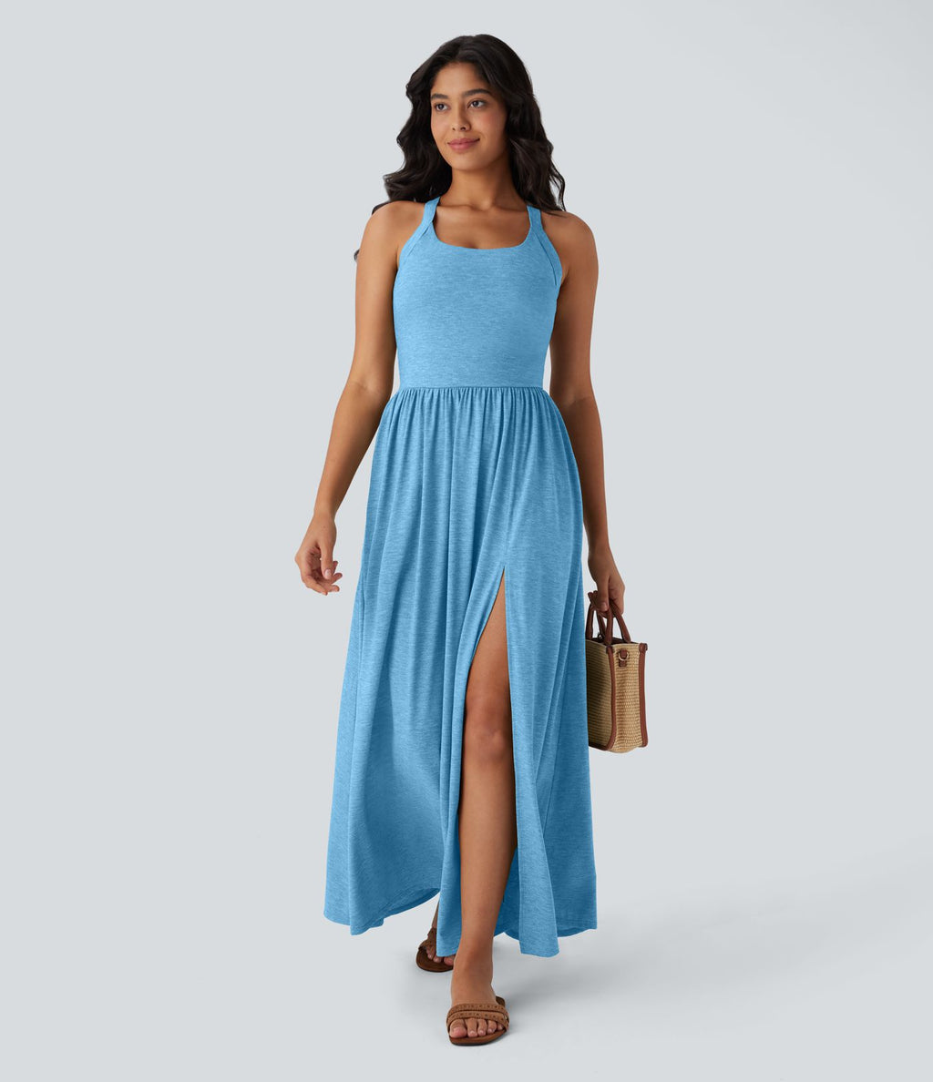 Robe longue fluide fendue avec poches latérales, dos nu et effet torsadé