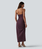 Robe midi moulante à col en V rembourrage non amovible et fronces à cordon