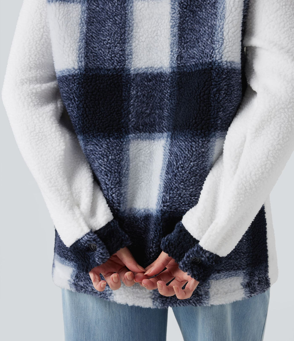 Veste sherpa carreaux color block manches longues avec poches