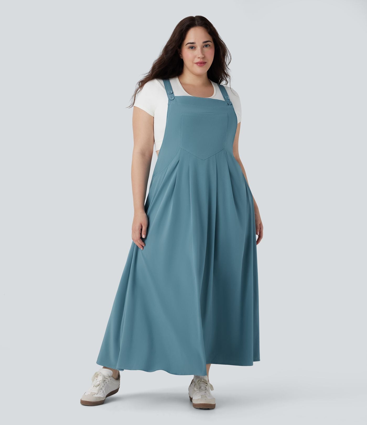 Robe chasuble décontractée grande taille mi-longue fluide à séchage rapide Breezeful™ avec bretelles ajustables boutons et poches