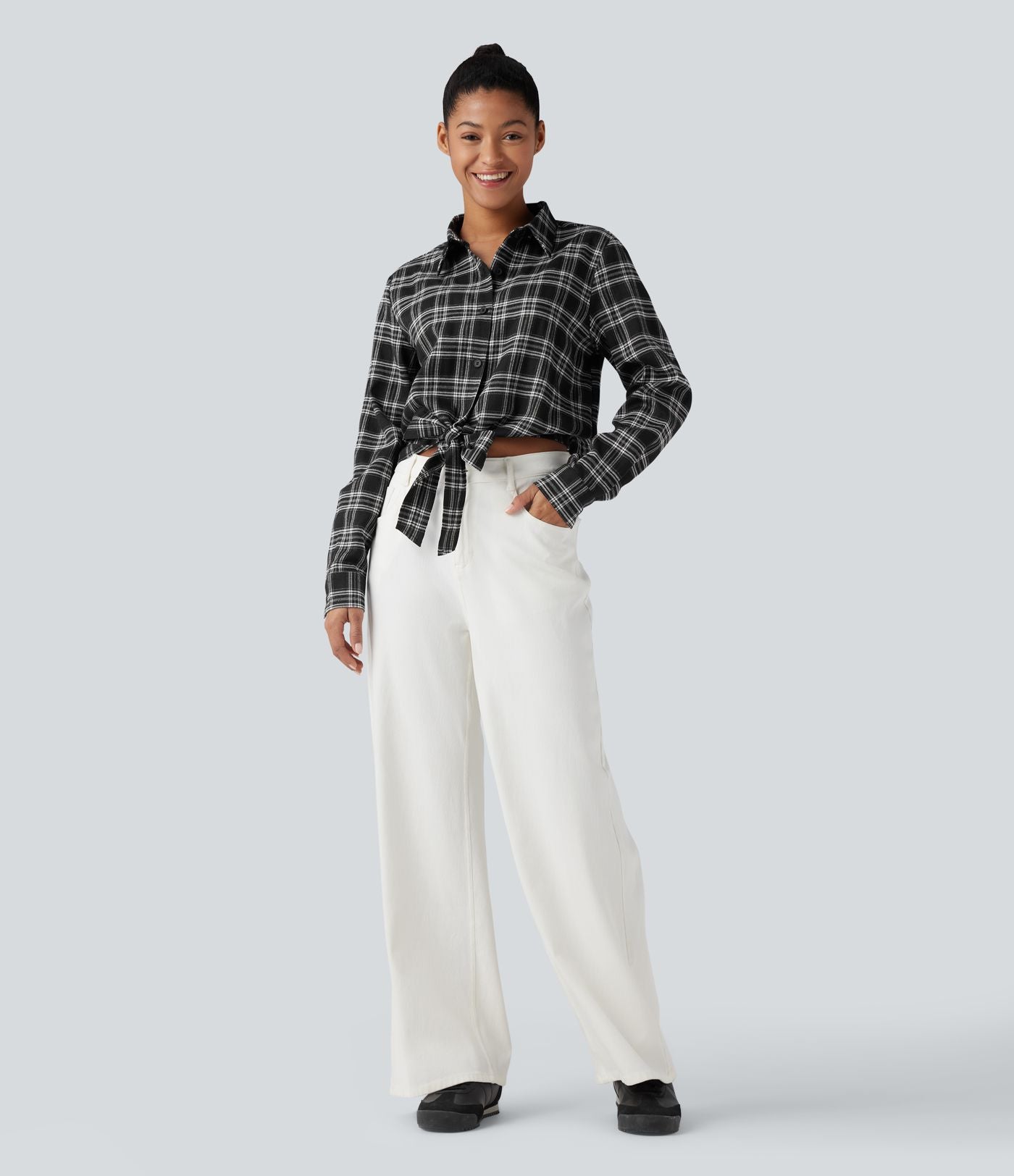 Chemise décontractée à carreaux, manches longues et nœud devant