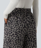 Pantalon léopard velours côtelé imprimé coupe droite mop taille haute avec poches