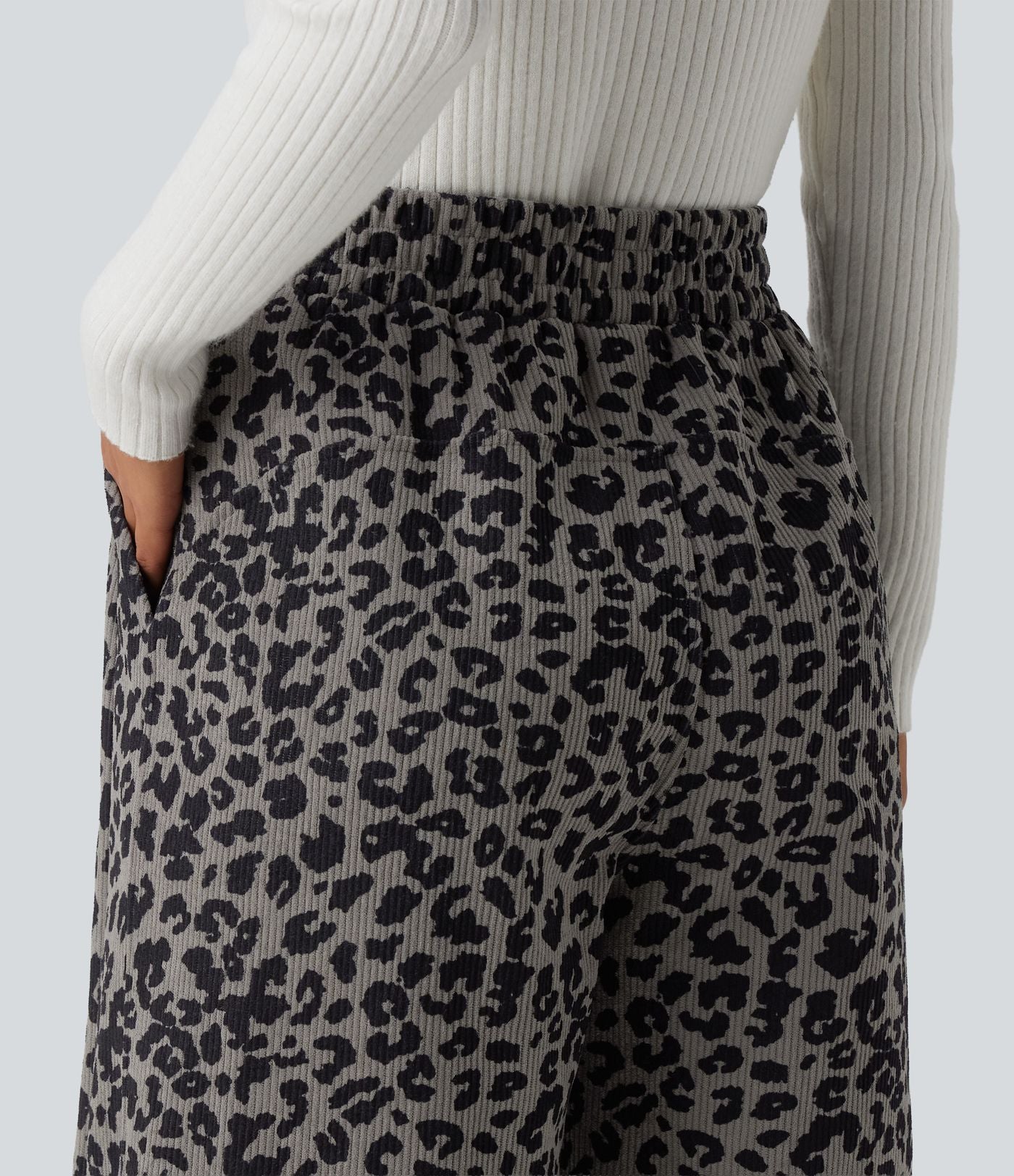 Pantalon léopard velours côtelé imprimé coupe droite mop taille haute avec poches