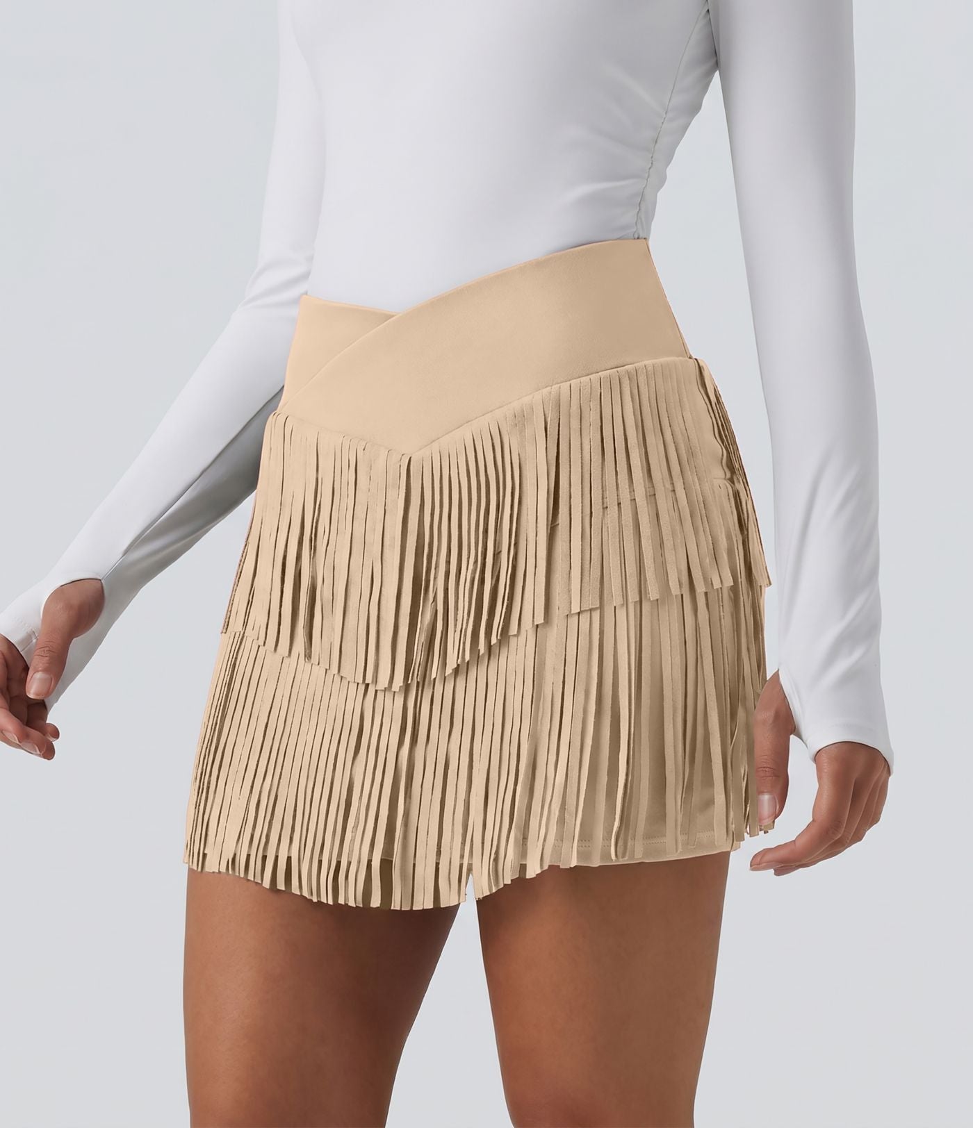Jupe mini de soirée ajustée effet daim taille haute croisée 2-en-1 à franges