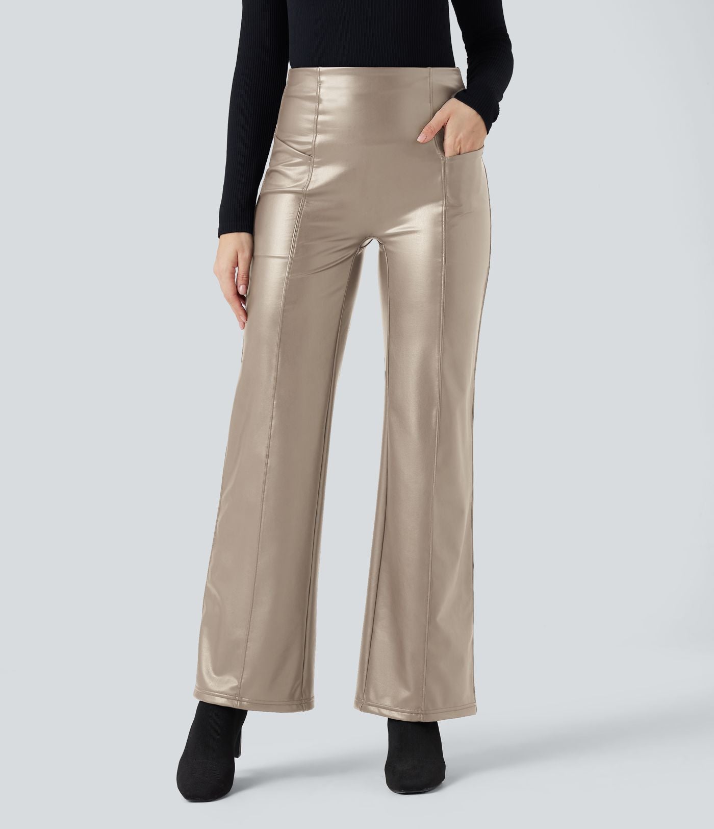 Pantalon similicuir évasé gainant taille haute stretch avec poches