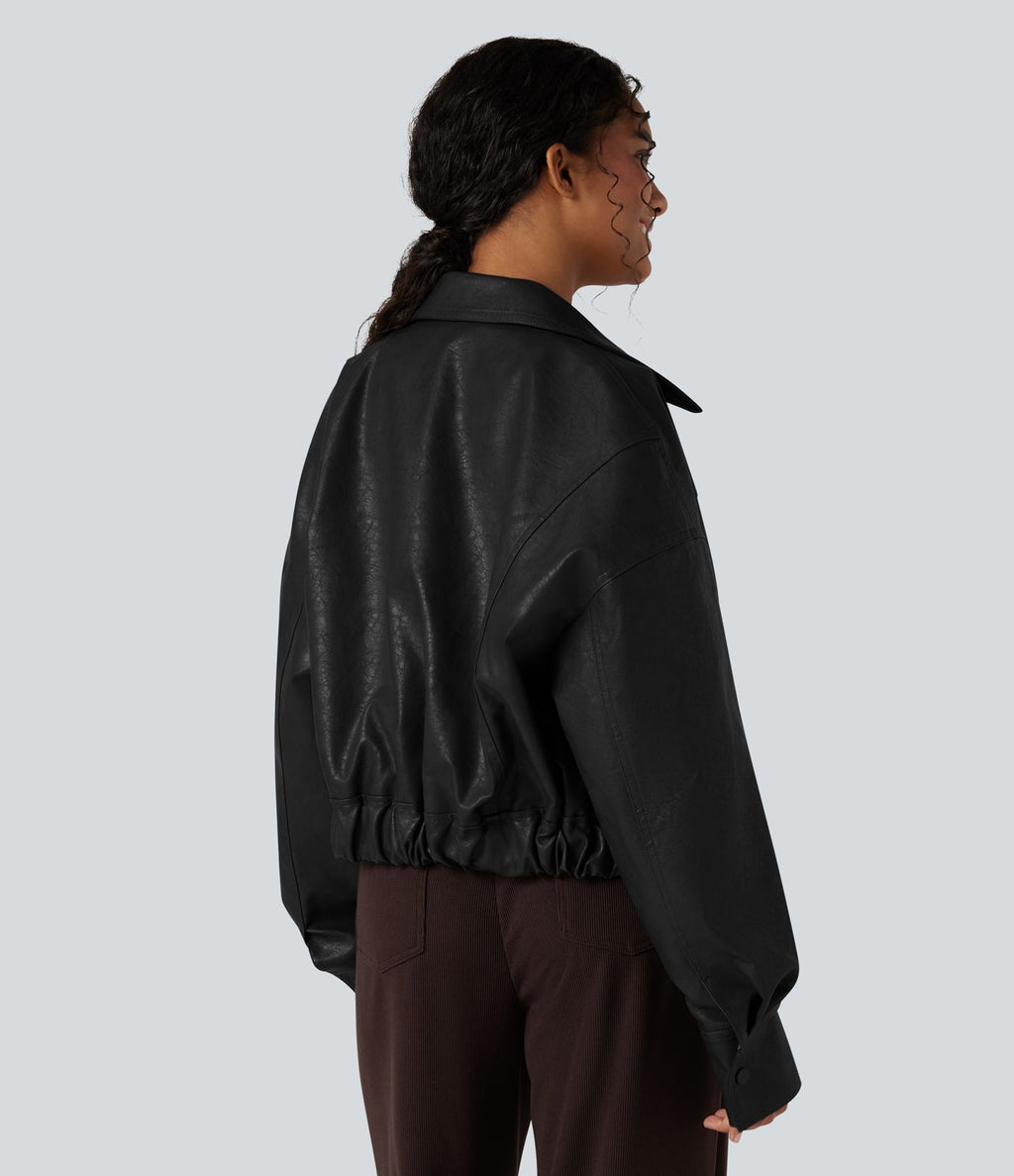 Veste décontractée en tissu enduit à fermeture éclair et manches longues avec poches