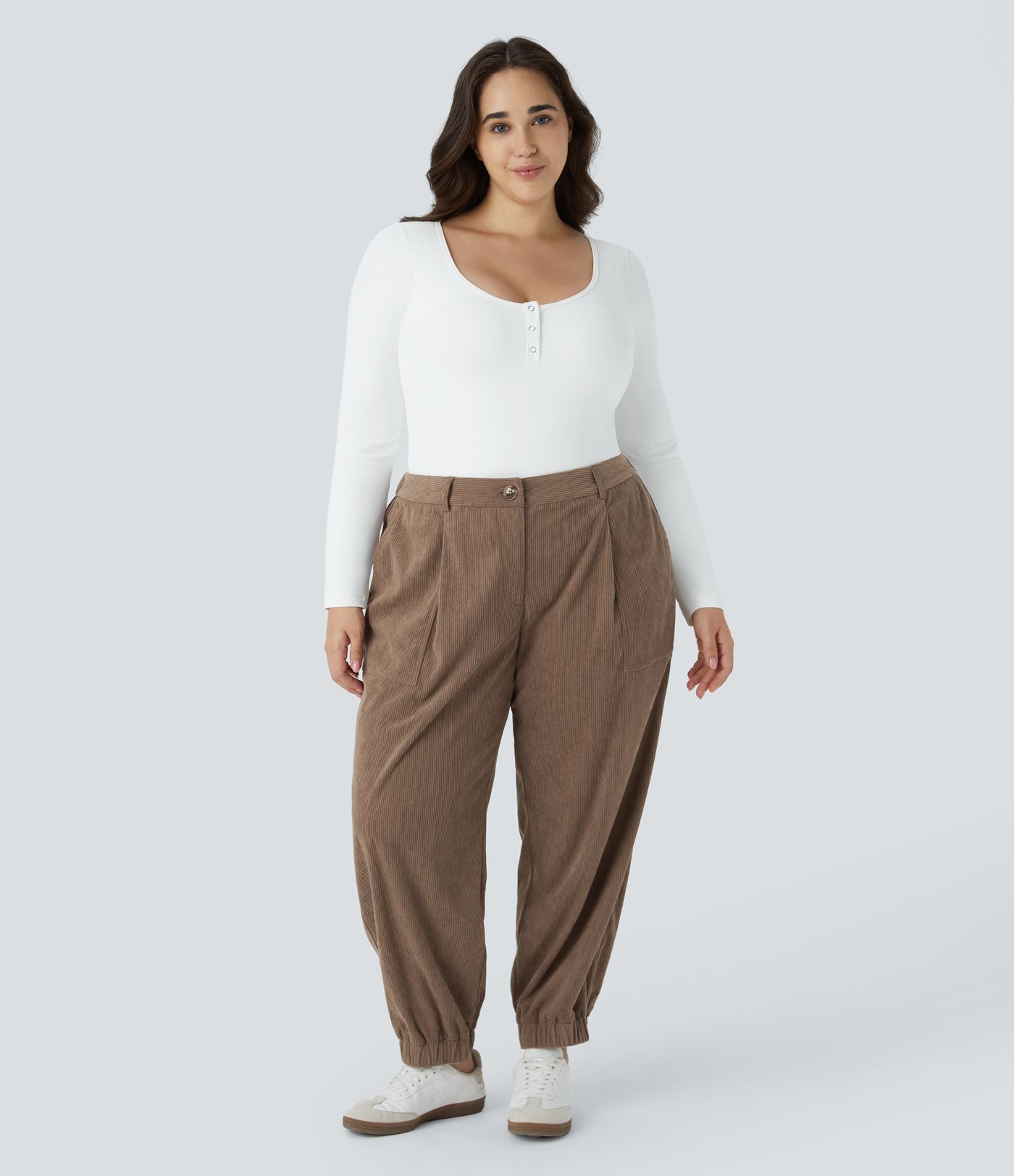 Pantalon décontracté en velours côtelé taille mi-haute grande taille avec bouton, fermeture éclair et poches multiples