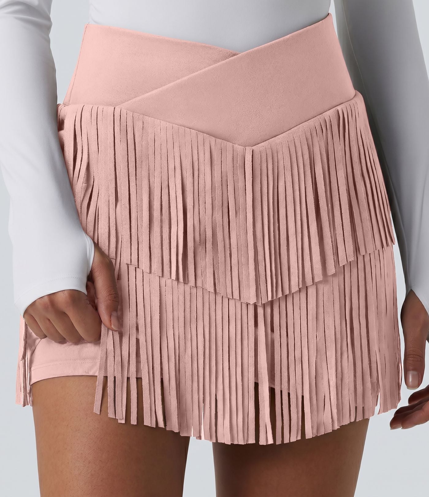 Jupe mini de soirée ajustée effet daim taille haute croisée 2-en-1 à franges