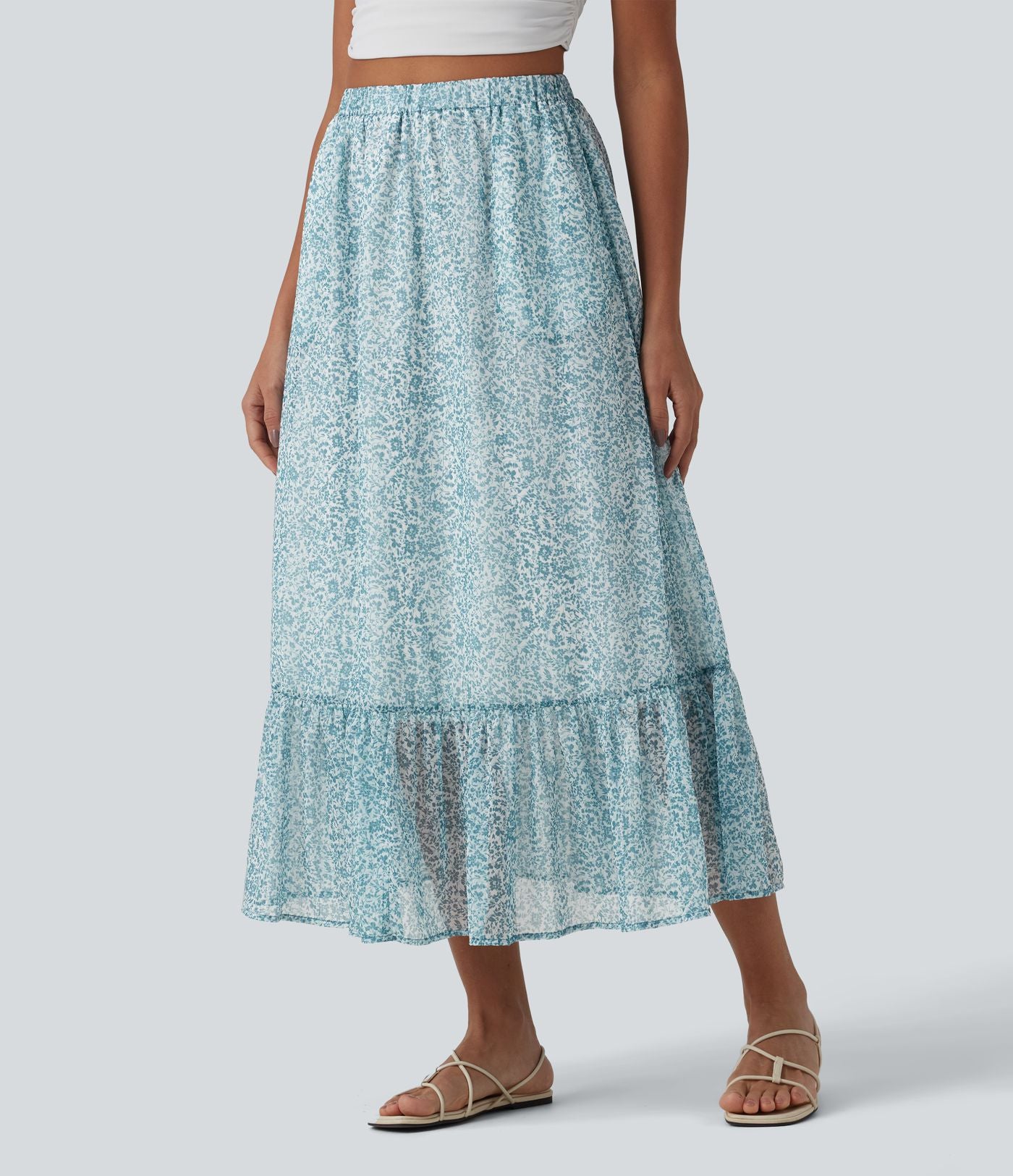 Jupe mi-longue fluide casual imprimé floral taille haute avec poches