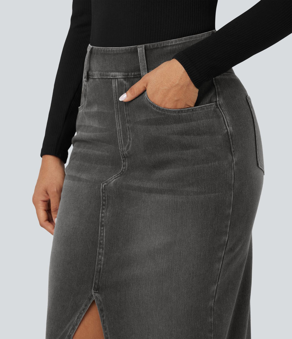 Halara Flex™ Jupe en Jean Casual Mi-Longue Délavé Extensible Plusieurs Poches Taille Haute