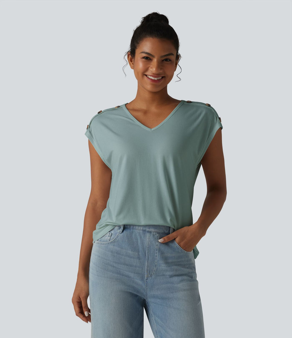 T-shirt décontracté col V manches courtes boutons décoratifs