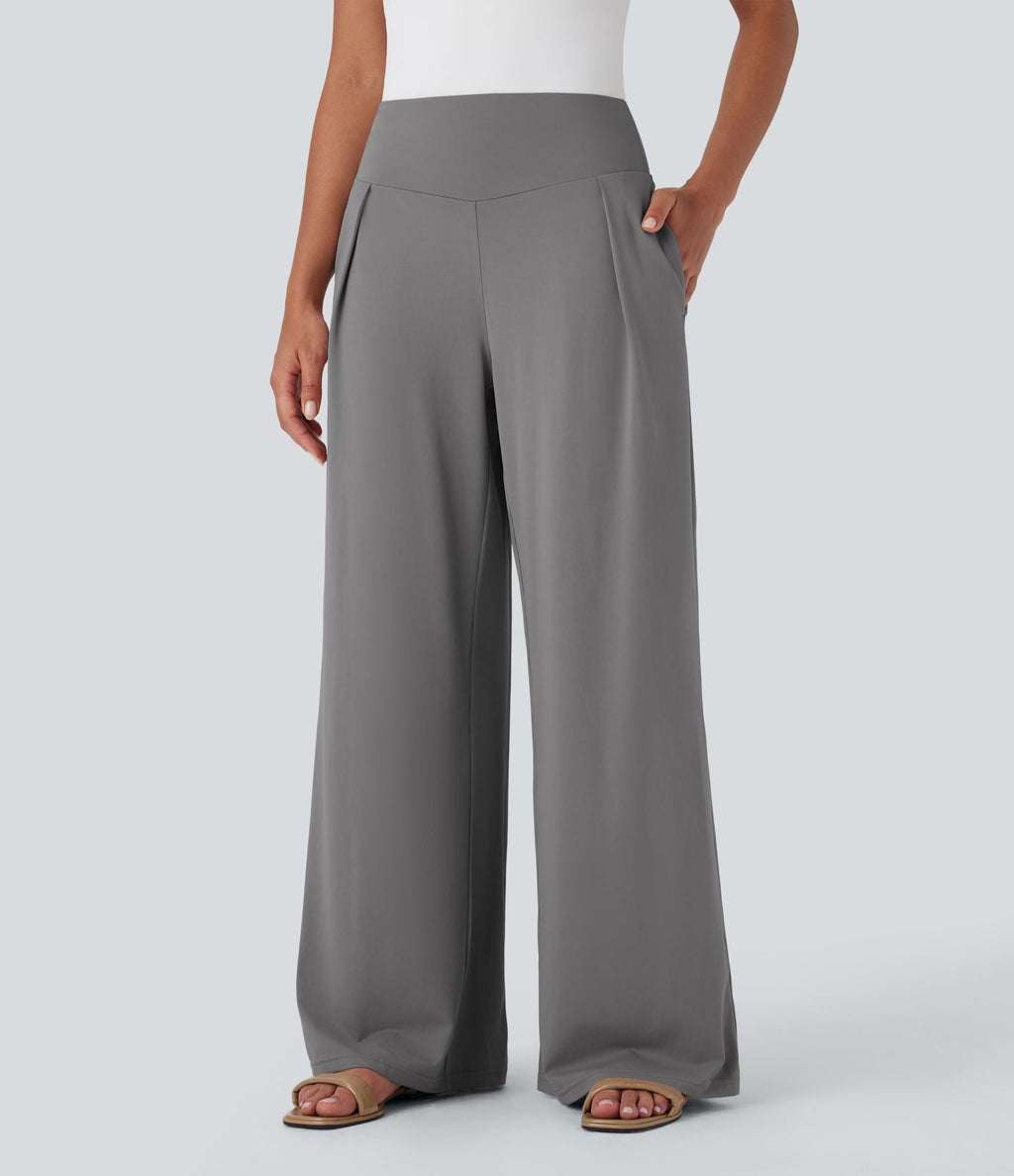 Pantalon large fluide taille haute avec poches latérales