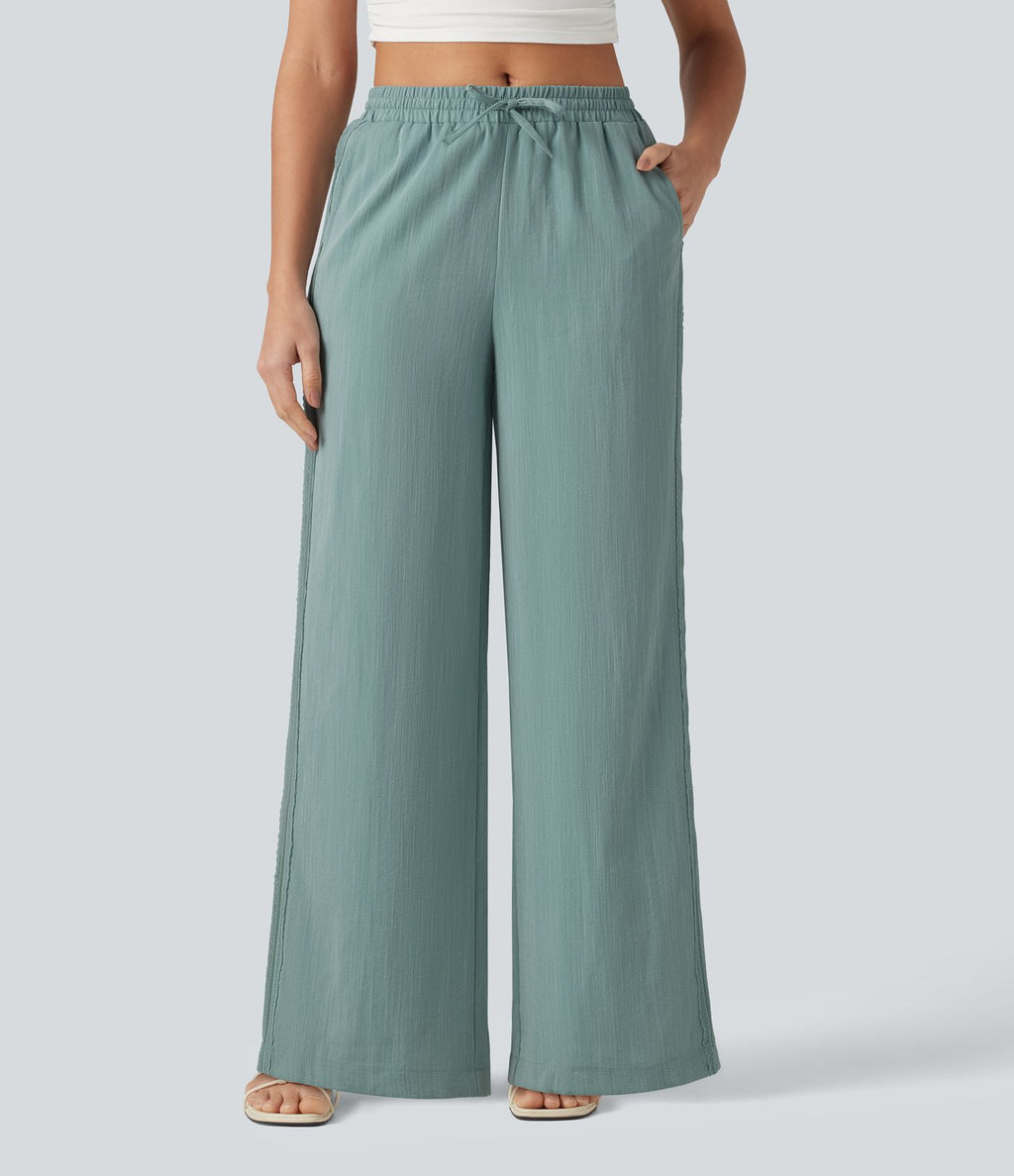 Pantalon large fluide casual 2 en 1 taille mi-haute avec cordon de serrage, dentelle contrastante, poches et aspect lin