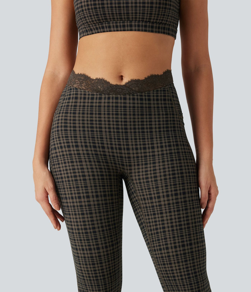 Legging yoga flare Halara UltraSculpt™ taille haute en V à motif tartan avec dentelle contrastée et poches