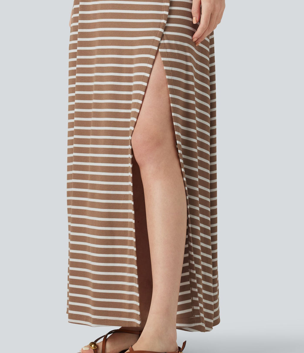 Robe longue décontractée à rayures, asymétrique, sans manches, en maille côtelée, avec poche
