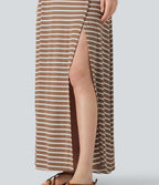 Robe longue décontractée à rayures, asymétrique, sans manches, en maille côtelée, avec poche