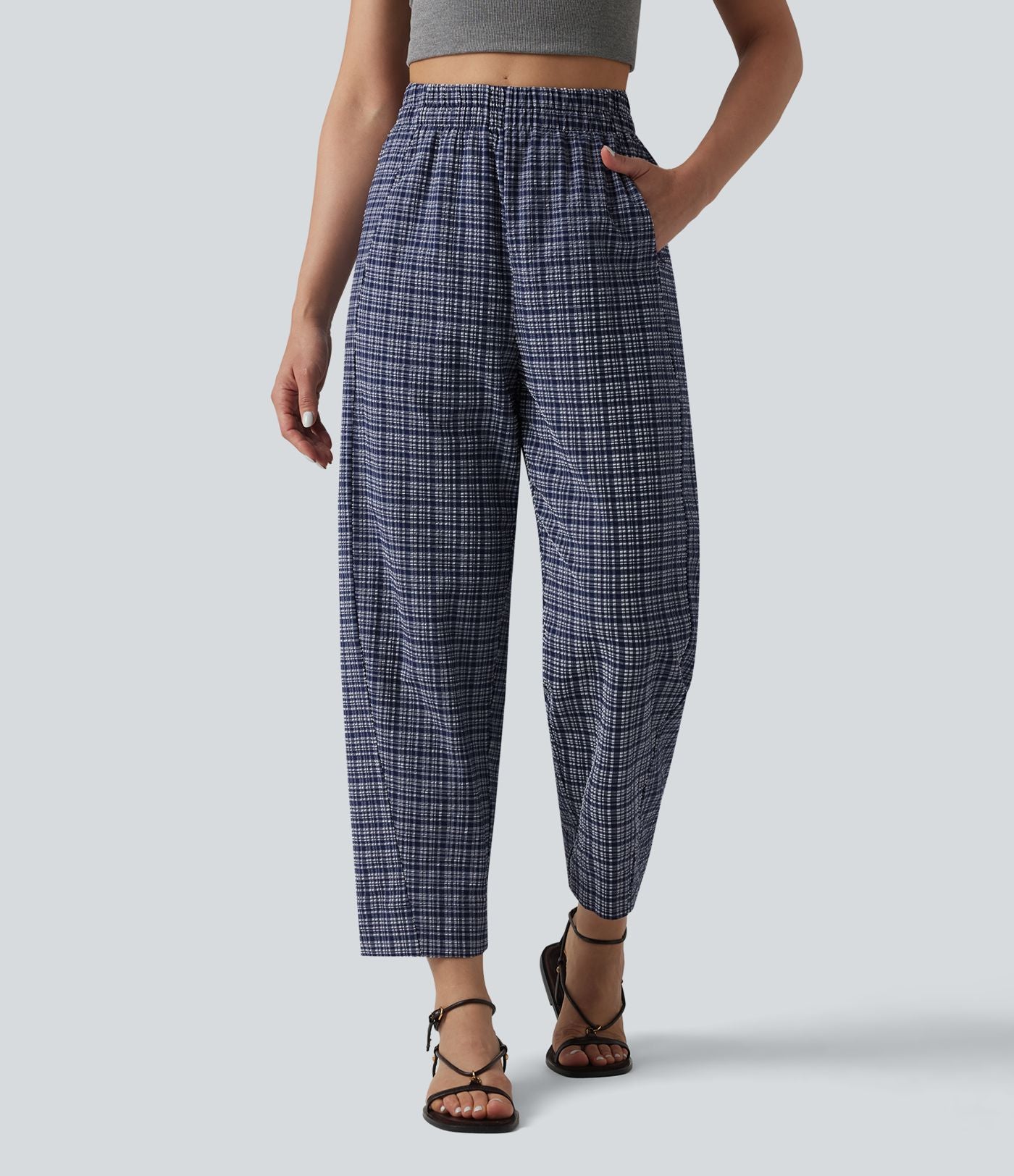 Pantalon décontracté à carreaux froissés taille haute avec poches