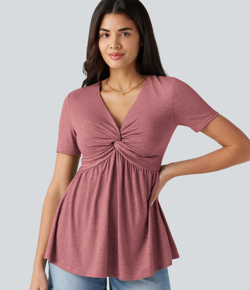 Haut décontracté à manches courtes et col en V avec brassière intégrée