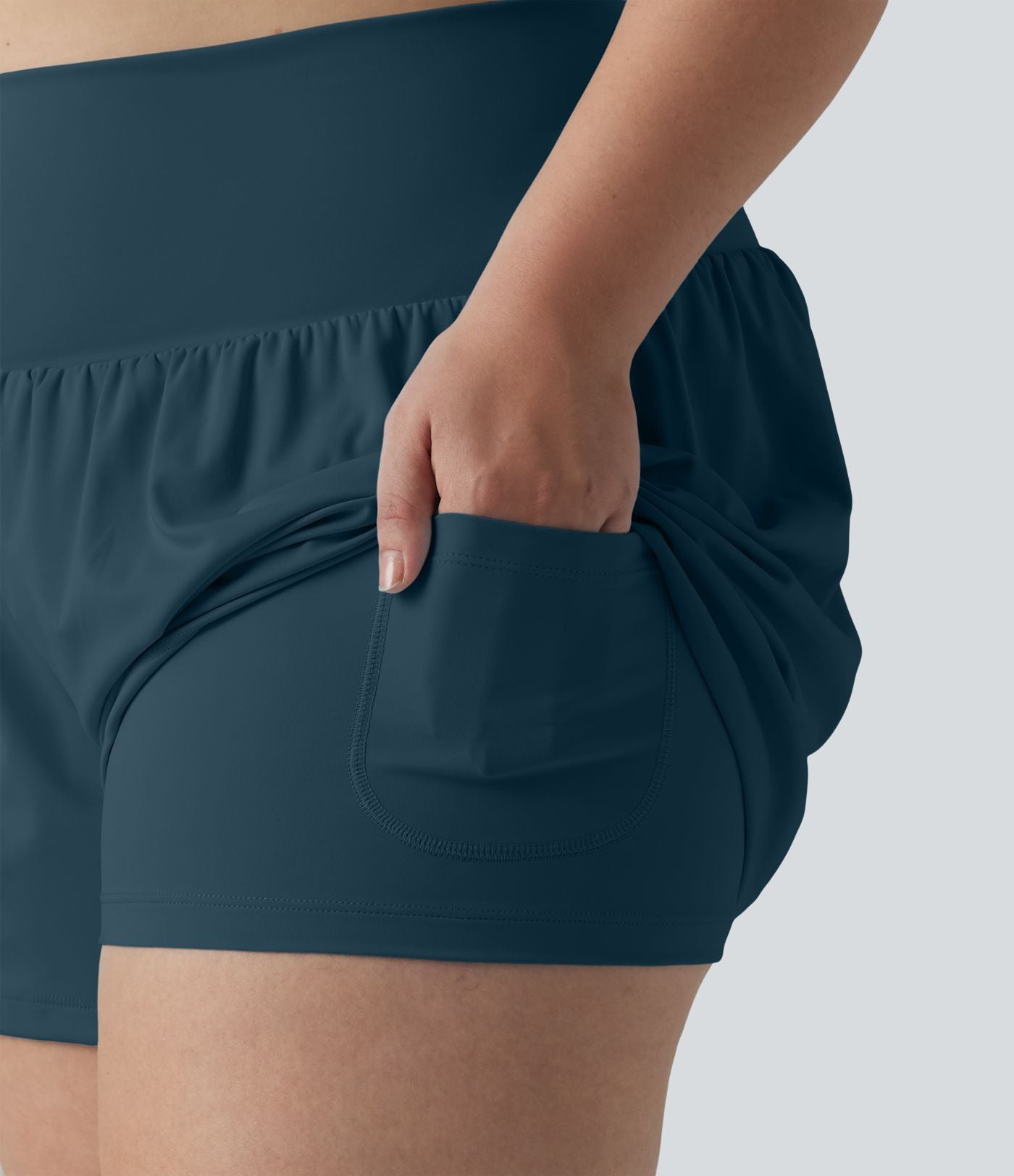 Short Yoga 10cm Plus Longue Taille Ultra Haute 2 en 1 Poche Arrière Poche Cachée Latérale Grande Taille