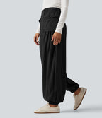 Jogging baggy taille haute effet lin froncé avec poches