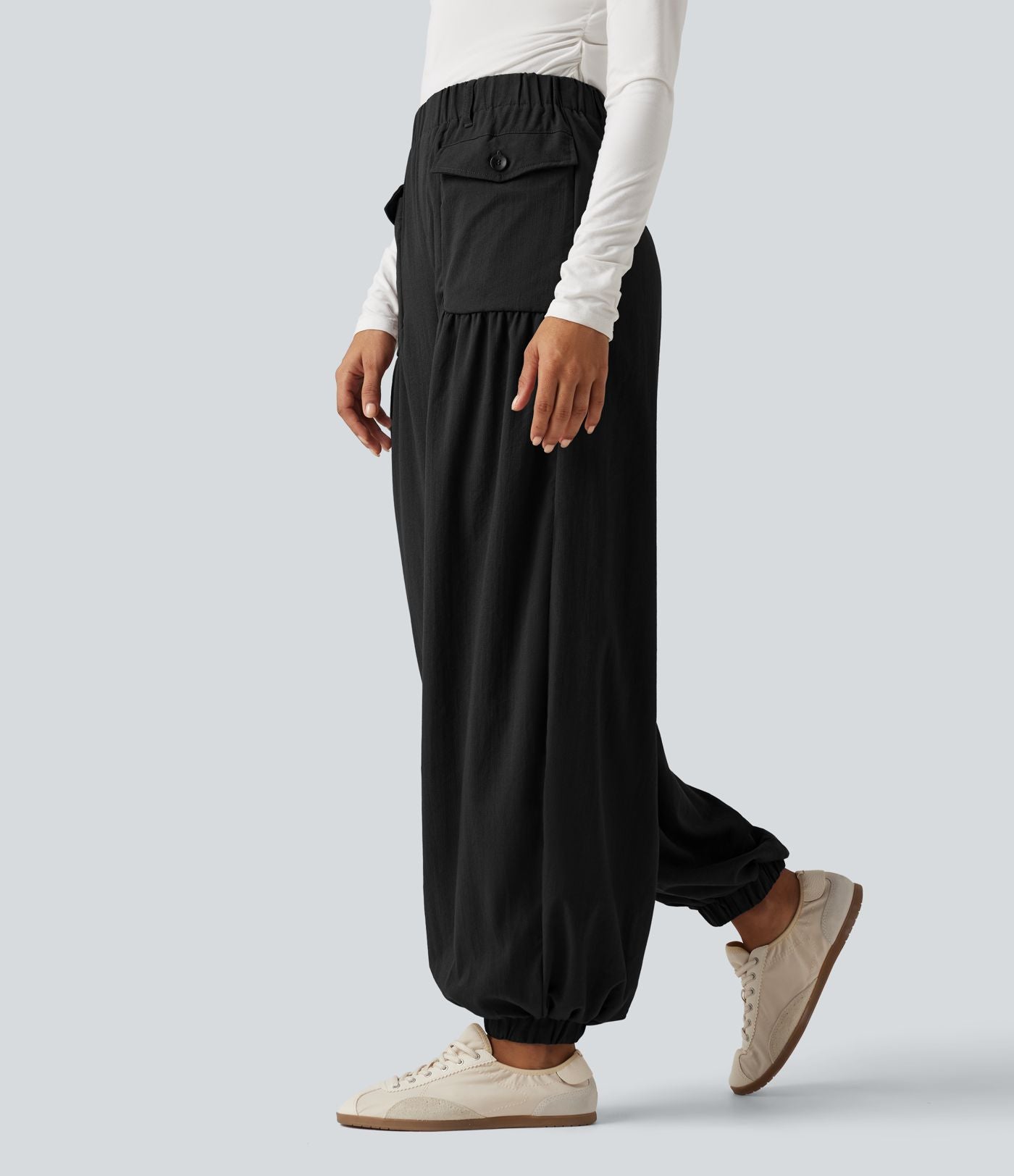 Jogging baggy taille haute effet lin froncé avec poches