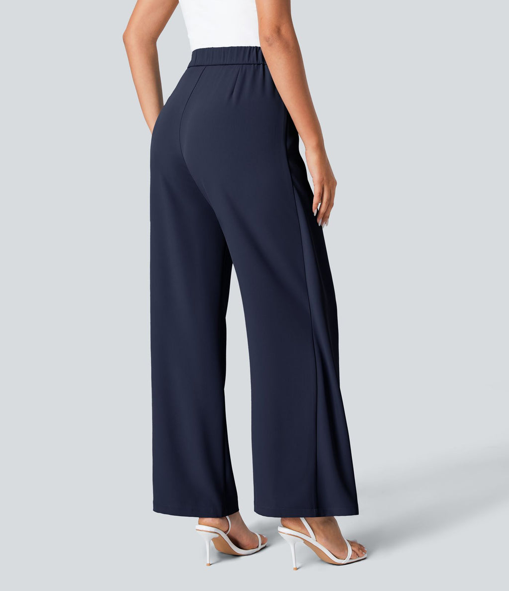Pantalon Tailleur Large Fluide Taille Haute Fermeture Éclair Invisible