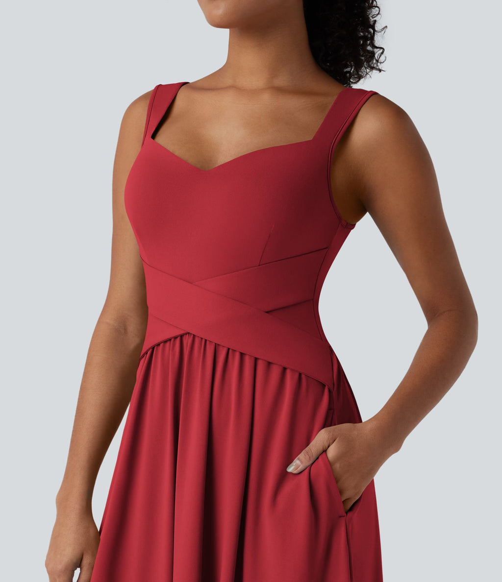 Robe midi fluide sans manches dos croisé ouvert avec poches