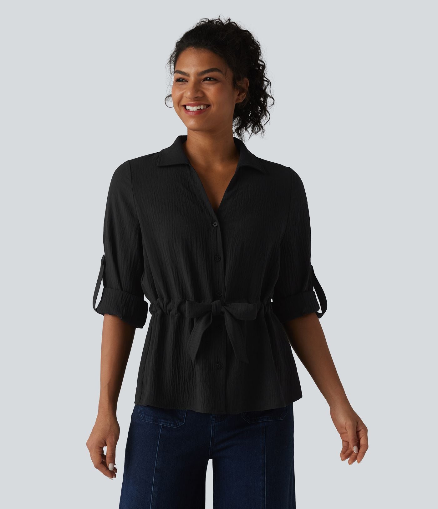 Chemise effet lin esprit bureau à revers, manches retroussées et lien à nouer